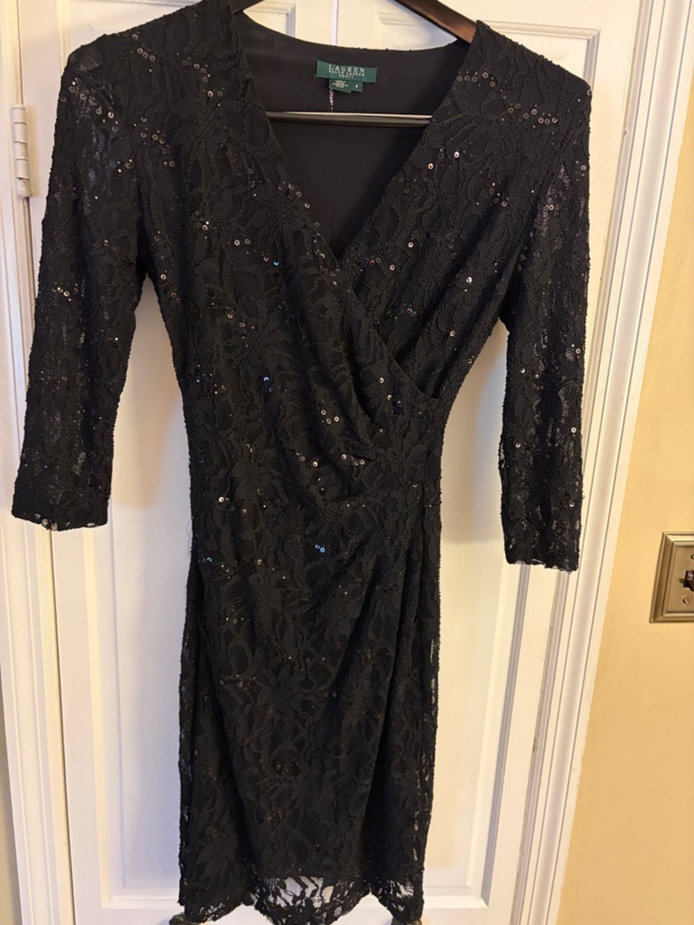 Lauren Ralph Lauren Black Sequin Lace Wrap-Style Dress